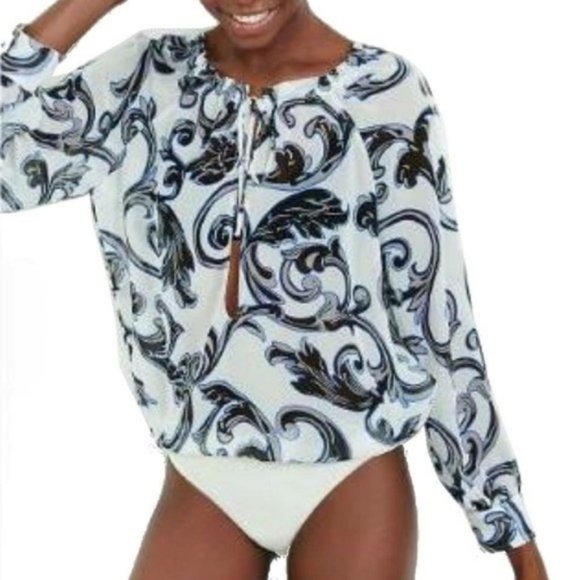 EXPRESS Tie Neck Sheer Blouse Bodysuit Deep V Neck - Picture 3 of 7